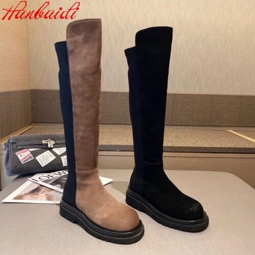 Knee-High Boots Women Autumn Winter Natural Kid Suede Stretch Long Boots Mixed-Colors ZIP Designer Shoes Platform Botas De Mujer