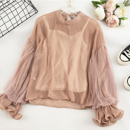 Spring Autumn Women Lantern Sleeve Mesh Gauze Chiffon Basic Ruffles Shirt Lady Elastic Slim High Waist Pullover Chic Blouse Tops