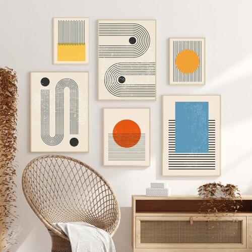 Modern Mid Century Wall Art Canvas Painting Abstract Geometric Shapes Line Art Print Nordic Minimalist Poster Living Room Decor