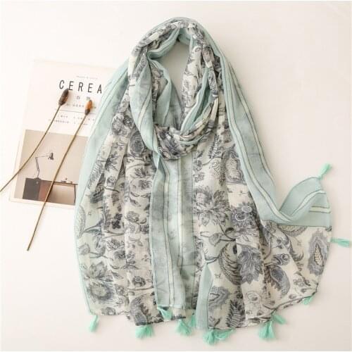 Light Green Plant Printed Hijab Scarf For Women Tassel Summer Ladies Head Wraps Spring Shawl