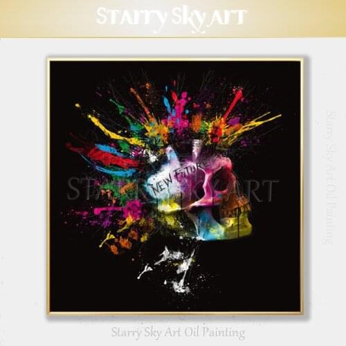 Top Artist Hand-painted High Quality Fine Art Skull Portrait Oil Painting on Canvas Colorful Skull with Punk Hair Oil Painting