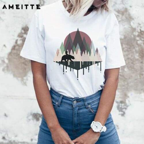 AMEITTE 2019 Mountain And Bear Design T Shirt Women Creative forest animal moon and tree print Fashion All-match White Tee Shirt