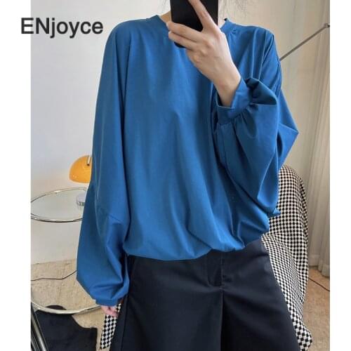 Vintage Elegant Elastic Drop Shoulder T-shirt Women Cotton Long-sleeved Tee Shirt Casual Round Neck Pullover Tshirt Tops Autumn