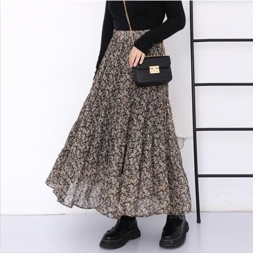 2020 Spring Floral Print Pleated Skirt Korean Style Women Elastic High Waist Long Skirts Plus Size Elegant Maxi Skirts M-7XL