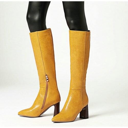 Snake Print Women Knee High Boots Pointed Toe 8CM Profiled High Heel Ladies Long Boots with Zipper Black Blue White Winter Shoes