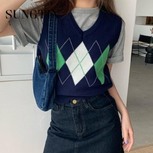 Sungtin Vintage Argyle V Neck Knitted Vest Women Korean Chic Loose Pullover Sleeveless Sweater Cropped Casual Jumpers Waistcoat