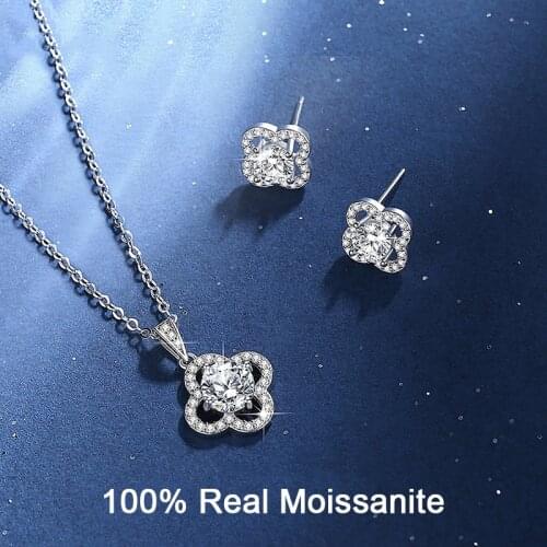 2PC Set Moissanite Clover Necklace Match Stud Earring Sterling Silver 1ct D Color Moissanite Women Wedding Fine Jewelry Sets