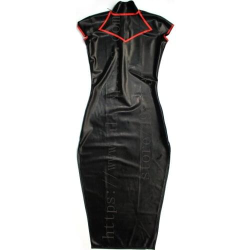 Womens long latex cheongsam short sleeve splitted long latex dress to angle with back zip to ass in black color