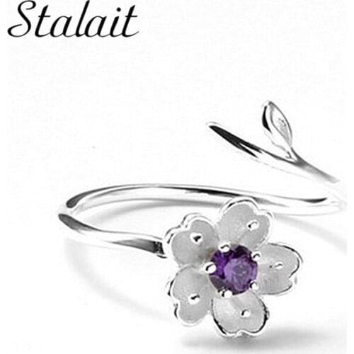 Cherry Blossom Ring Silver Color Purple Zircon Branch Plum Blossom Ring Engagement Wedding For Women Jewelry Size Open