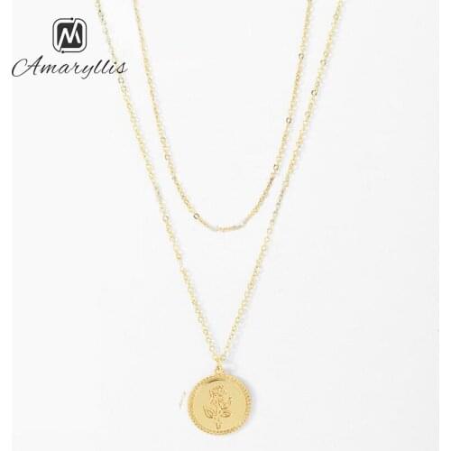 Amaiyllis Forever Rose Pendant Dangle Choker Necklace For Women Simple Metal Layer Clavicle Chain Collar New Round Coin Chokers