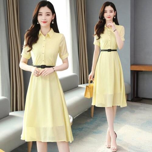 2021 High Quality Yellow Chiffon Shirt Dress Summer Vintage Chic 2XL Plus Size Midi Sundress Women Elegant Bodycon Party Vestido