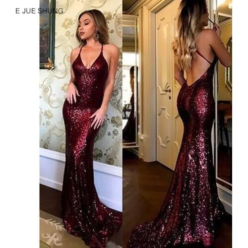 E JUE SHUNG Burgundy Sequin sexy Mermaid Evening Dresses long 2020 Spaghetti Straps Backless Formal Dresses Evening Gowns