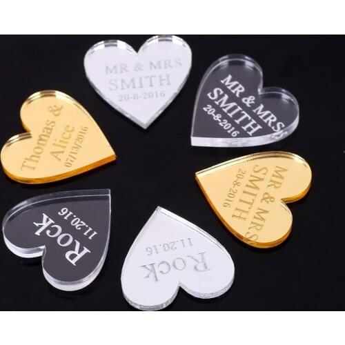 100x Personalized Laser Engraved Mirror Acrylic Love Hearts Wedding / Baptism / Baby Shower / Birthday Party Table Decor Favors