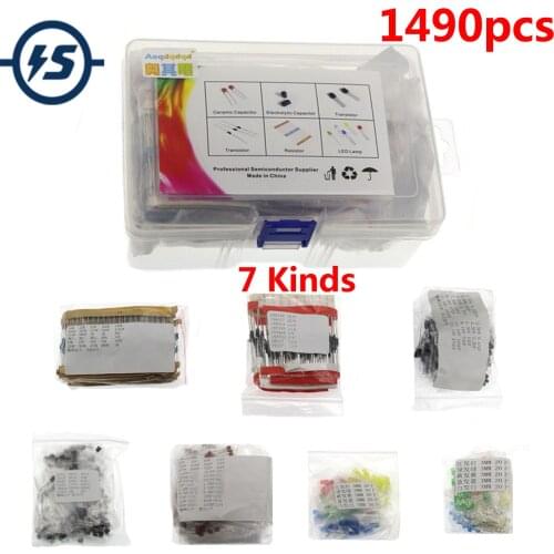 1490pcs 7 Kinds of Components Package Boxed Resistor Electrolytic/Ceramic Capacitor LED Triode