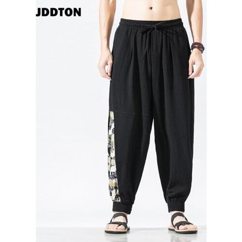 JDDTON Summer Mens Cotton Linen Pants Chinese Style Casual National Pant Hip Hop Fashion Ankle Length Trousers Streetwear JE477