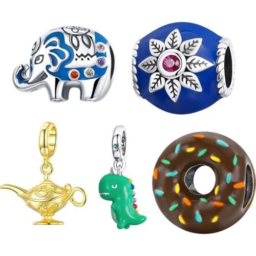 BISAER 100% 925 Sterling Silver Little Dinosaur Elephant Wishing Lights Charm Beads fit Women Bracelet DIY Beads Fine Jewelry