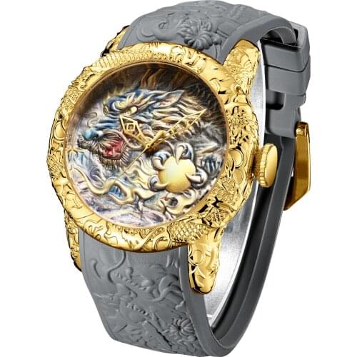Gold Dragon Sculpture Automatic Quartz Watches Men Waterproof Silicone Strap Quartz Wristwatch BIDEN Clock Relojes Hombre