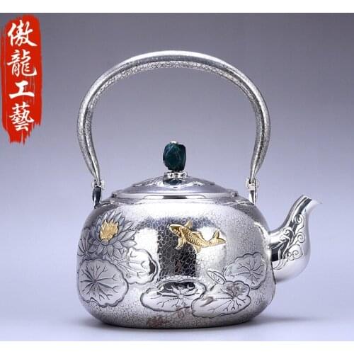 Teapot, stainless steel teapot, silver teapot, iron teapot, hot water teapot, sterling silver nine-piece tea set, tea bowl, kung