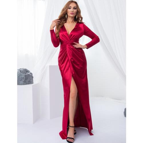 Deep V Neck Ruched Long Satin Plain Dress Full Sleeved Front Split Floor Length Sexy Evening Party Dress