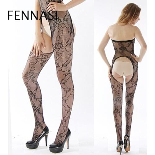 FENNASI Sexy Open Crotch Full Body Tights For Women Black Nylon Elasticity Lingerie Bodysuits Transparent Hollow Out Tights