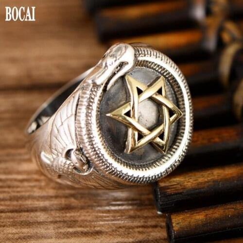 BOCAI New real s925 Pure silver six-pointed star snake ring personality Thai silver middle finger fashion man ring