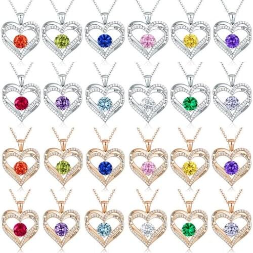 Pretty Crystal Birthstone Pendant Necklace Gold/Silver Color Love Heart Long Chain Necklace For Female Girls Jewelry Gift