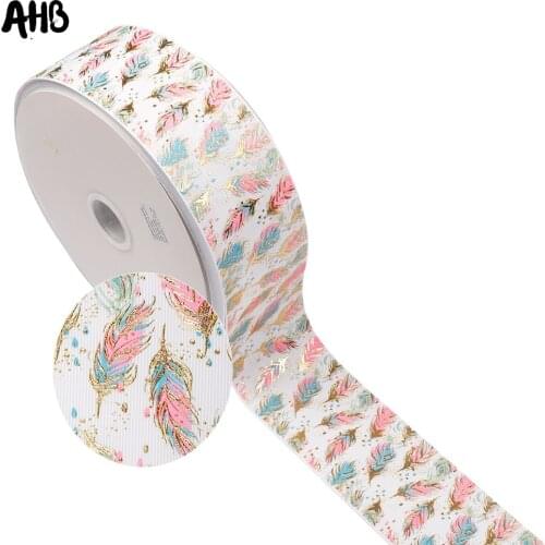 AHB 75MM Foil Printed Ribbon Colorful Foil Feather DIY Hairbows Accessories Handmade Materials Gift Wrapping Tape 2yards
