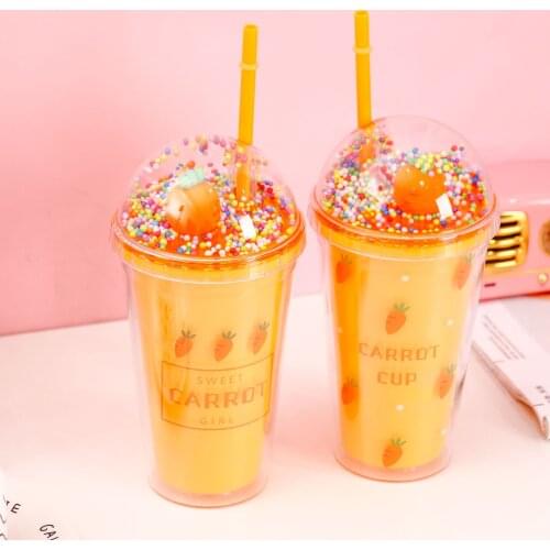 Summer Crushed Ice Cup Korean Lovely Fresh Plastic Straw Female Student Double-layer Refrigeration Milk Tea Cup