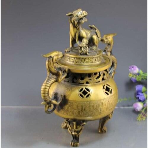 Copper Statue Double dragon ear tripod censer incense burner home decoration crafts ornaments