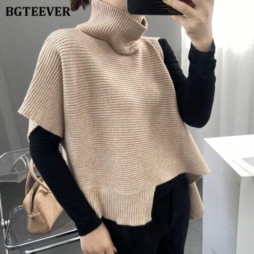 BGTEEVER Autumn Winter Fashion Turtleneck Irregular Sweater Jumpers for Women Short Sleeve Loose Female Knitted Pullovers 2021
