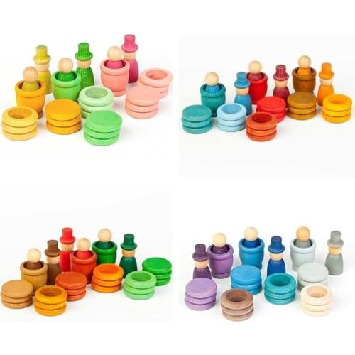 Kids Season Figure Set Beech Rainbow Peg Dolls People Pretend Play Coins Rings Blocks Color Sorting Montessori Educational Toys