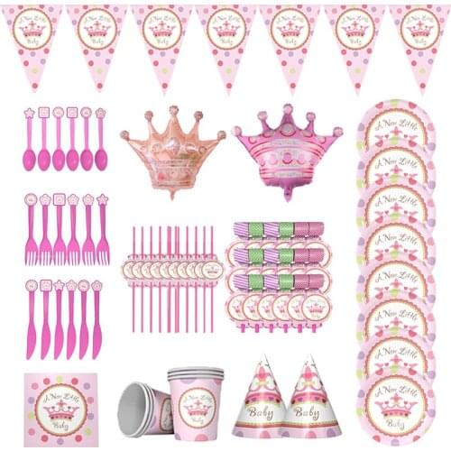 New Princess Crown Baby Disposable Pink Paper Straws Napkins Plates Cups Baby Shower Kids Birthday Party Decorations Supplies