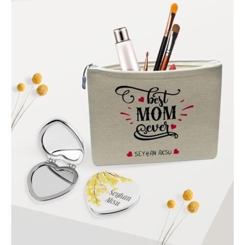 Personalized Best Mother Linen Makeup Bag and Heart Mirror Gift Set-4