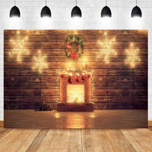 Christmas Fireplace Background For Photography Red Gifts Socks Glitter Lights Stars Wood Wall Family Shoot Photo Backdrop Props