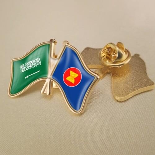 Saudi Arabia and ASEAN Association Crossed Double Friendship Flags Lapel Pins Brooch Badges