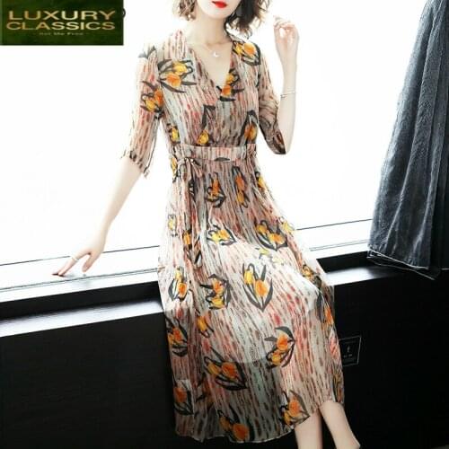 Silk 100% Dress Real Women Long Summer Dress Floral Print Ladies Dresses Elegant Party Vestidos De Fiesta 2021 LWL1815