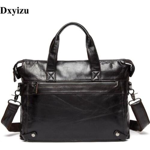 DXYIZU Genuine Leather bag Business Men bags Laptop Tote Briefcases Crossbody bags Shoulder Handbag Mens Messenger Bag 9103