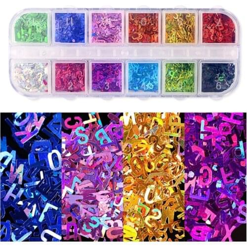 U90E 12 Colors Alphabet Holographic Laser- 26 English Letters Mixed Chunky Glitter Epoxy Resin Festival Chunky Letters Sequin