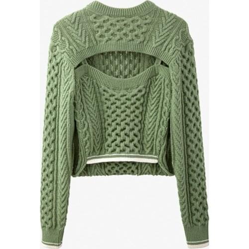 Green Hollow Out Knitting Sweater Loose Fit Round Neck Long Sleeve Women Pullovers New Fashion Autumn Winter 2021 C966