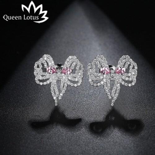 Queen Lotus New Trendy Stud Earrings Women Crystal Romantic Hollow Bowknot Korean Earrings Jewelry Accessories Statement Earring