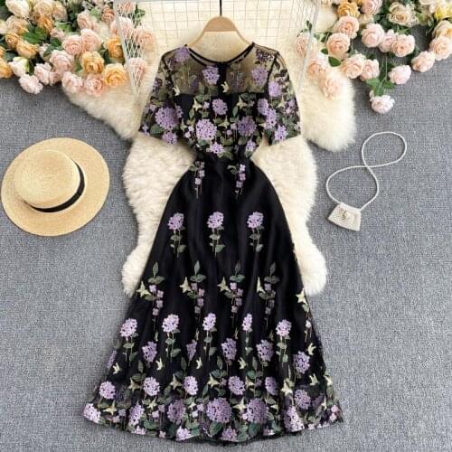 Luxury Europe Style 2021 Summer Elegant Women Mesh Embroidery Flower Short Sleeve Long Dress Female Party Dresses Vestido