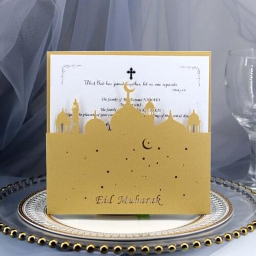 10pcs Gold Square Eid Mubarak Invitation Cards Church Ramadan Decorations Islamic Muslim al-Fitr Eid Customize Party Supplies