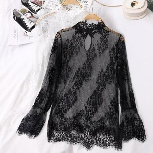2021 Women Flare Sleeve Mesh Gauze Hollow Lace Flower Ruffles Embroidery Shirt Lady Elastic Slim Pullover Party Chic Blouse Tops