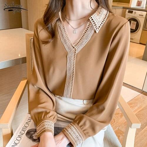 2021 Spring V-Neck Blouse Women Long Sleeve Solid Tops Chic Hollow Embroidery Splicing Plus Size Satin Silk Female Shirt 13094