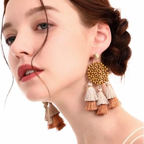 Bohemian Handmade Beaded Hollow Wooden Bead Retro Accessories Ethnic Style Tassel Earrings Stainless Steel Earrings