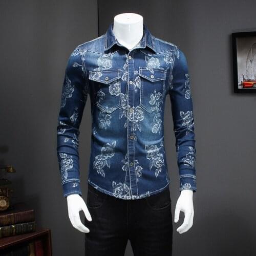 Jeans Men 2021 Chinese Fashion Floral Style Double Pocket Demin Shirt Casual Brand Slim Fit Shirts Large Size M- 5XL #5510