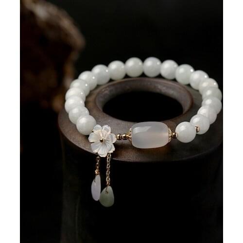 Chinese Style Natural Jade Emerald Agate Beads Bracelet Cosplay Hanfu Jewelry Yoga Water Drop Shell Flower Pendant Bracelet Gift