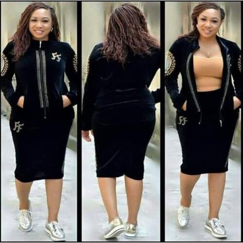 2 Two Piece Set Women Outfits Velvet Top Midi Skirt Autumn Winter African Clothes Dashiki Long Sleeve Africa Clothing