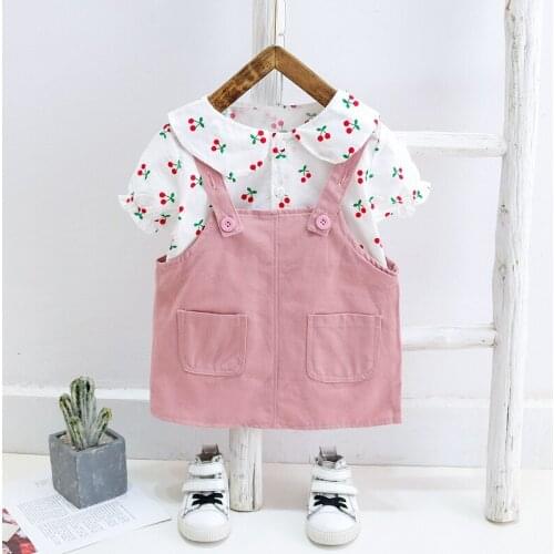 Girl Clothes Sets Cotton Suspender Skirt Two-piece Summer Short-sleeved Blouse Cherry Printing 1-4 Y Child Quality Clothing