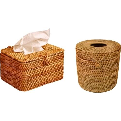 Round Rattan Tissue Box Vine Roll Holder Toilet Paper Cover Dispenser & Rectangle Paper Rack Rattan Tissue Box